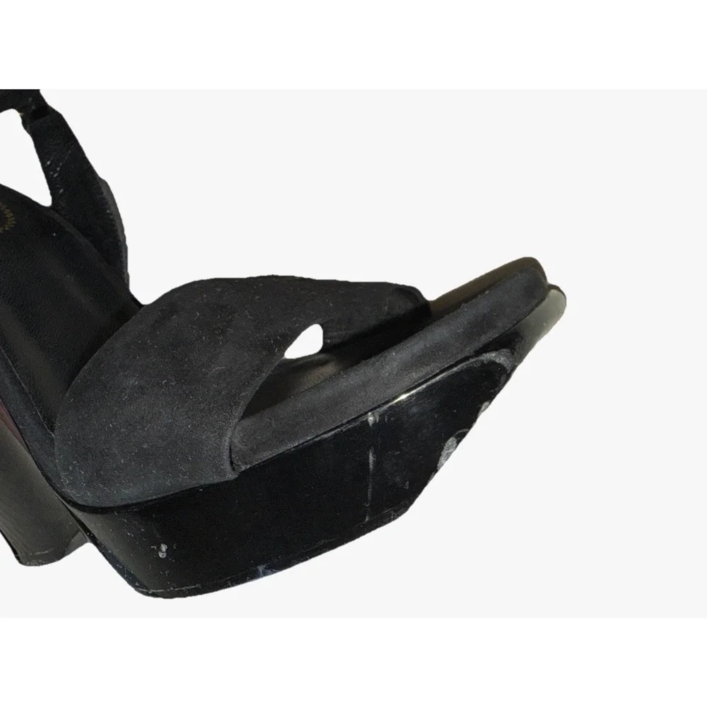 YSL Saint Laurent 2010s Era Lacquered Wedges Suede Wood Heel Black Heels Damage - Picture 14 of 16